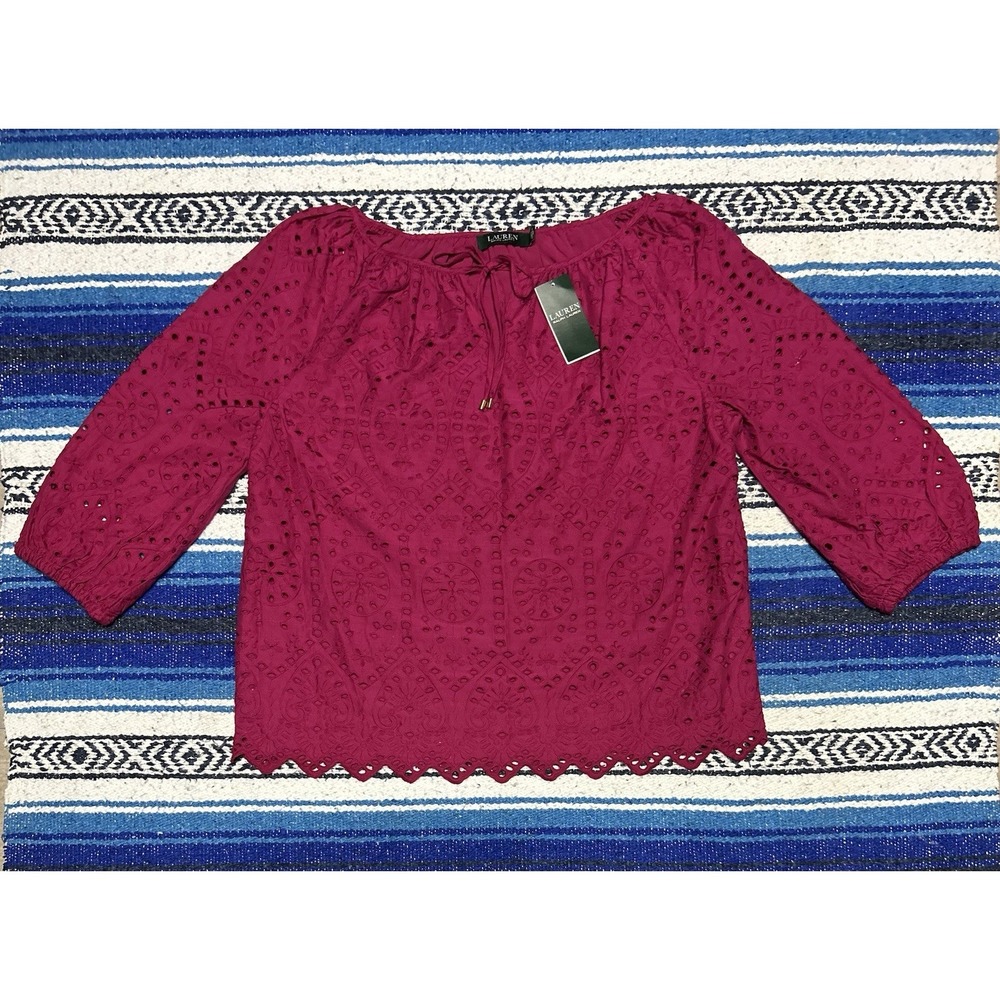 Lauren Ralph Lauren Womens Large Fuchsia Eyelet Blouse NWT Peasant Boho Top